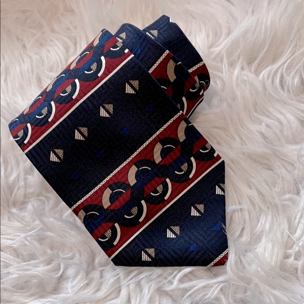 Pierre Balmain Red and Blue Silk Tie with Geometric Pattern